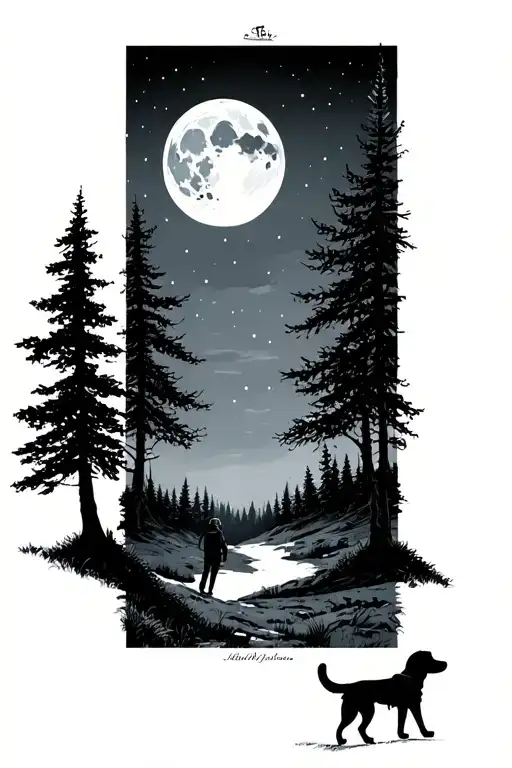 Me And My Dog Walking Towards The Forest With The Moon Out