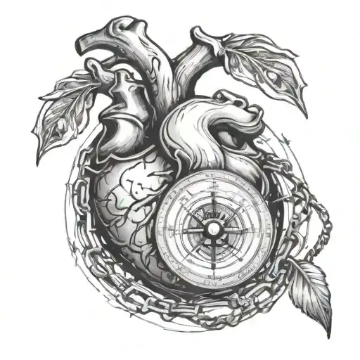 Human Heart With A Chain Wrapped Around It Inside Of A Compass