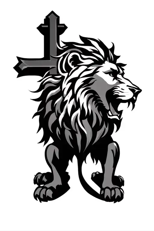 Cross And Lion Roaring