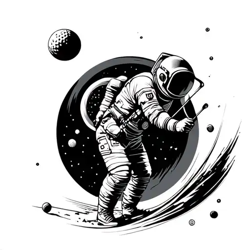 Astronaut Playing Golf In Space With The Moon As The Golf Ball