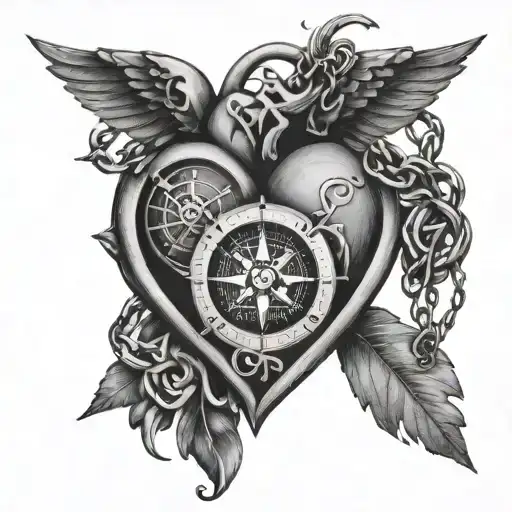 Compass With A Human Heart Inside Of It And A Lock And Chain Wrapped Around The Heart