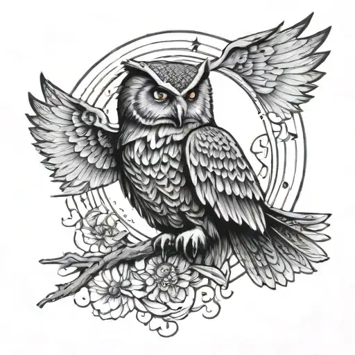 Owl Flying Neck Outline With Sun