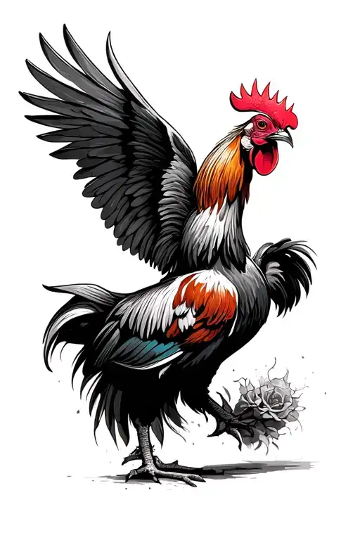 Rooster Attacking With Wings Open