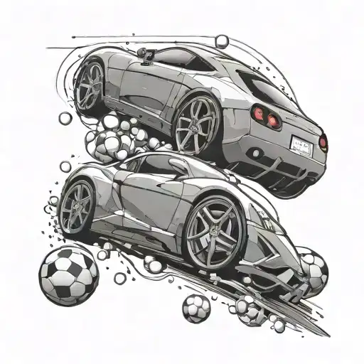 A Sleek Sports Car Speeding Down A Road Made Of Soccer Balls And Basketballs