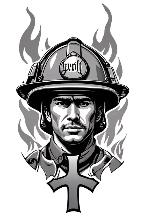 Firefighter Face And Helmet Is Over Fire Cross