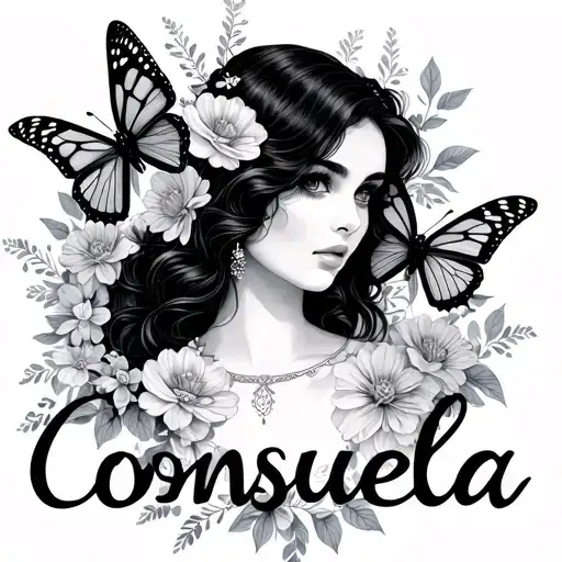 The Name Consuela With Butterflies And Flowers Around It