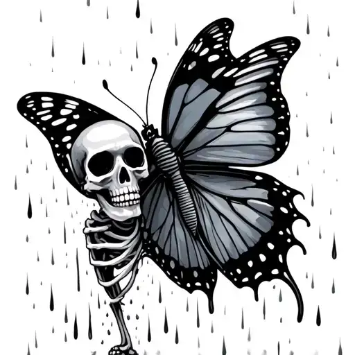 A Skeleton In The Rain Holding Butterfly