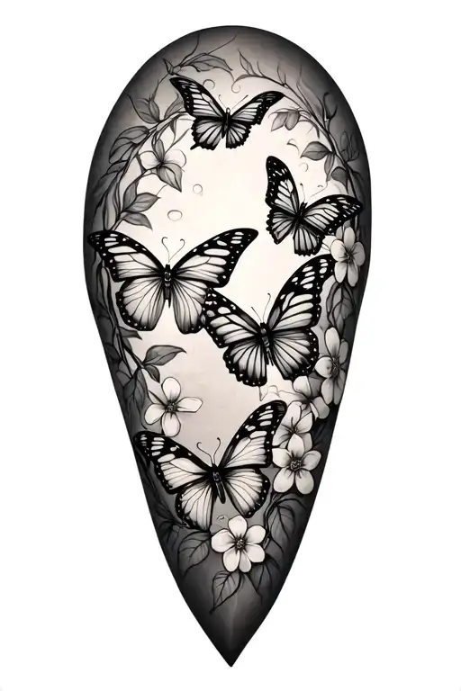 Fine Line Calf Tattoo Of Butterflies And Flowers In A Vine