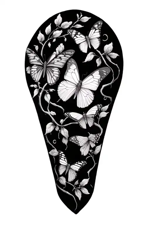 Fine Line Calf Tattoo Of Butterflies And Flowers In A Vine