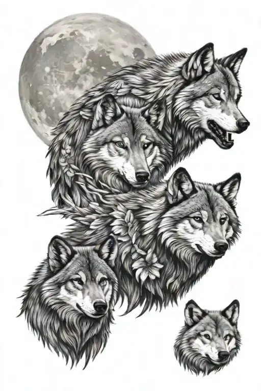 Father Wolf With 2 Male Cubs Full Moon