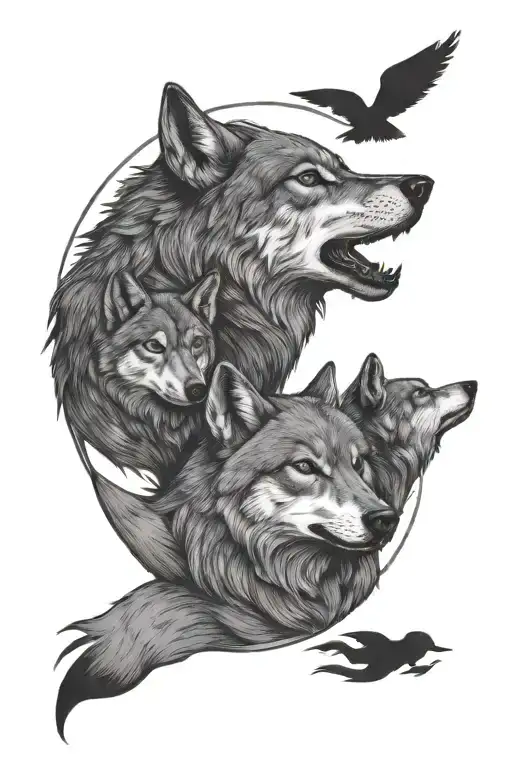 Father Wolf With 2 Male Cubs Full Moon