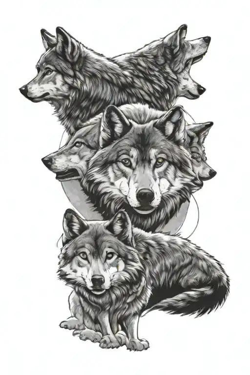 1 Father Wolf With 2 Male Cubs Full Moon Surrounded