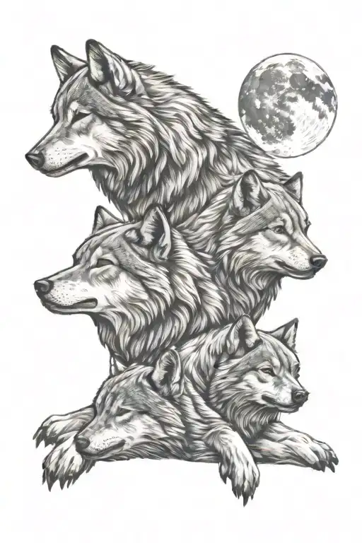 1 Father Wolf With 2 Male Cubs Full Moon