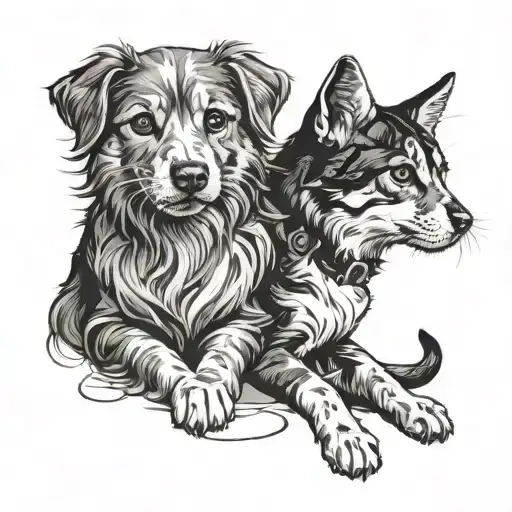 Cat And Dog Next To Each Other And There Paws Under