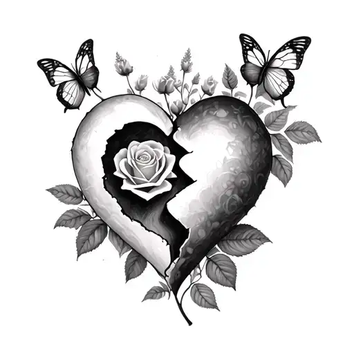 Small Broken Heart With Butter Fly An Roses Growing