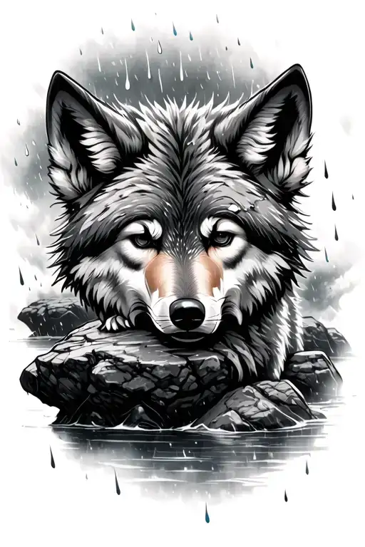 Baby Wolf Crying In The Rain On A Rock With Mist Around