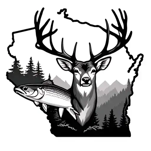 Outline Of Wisconsin With Deer And Musky Inside Representing