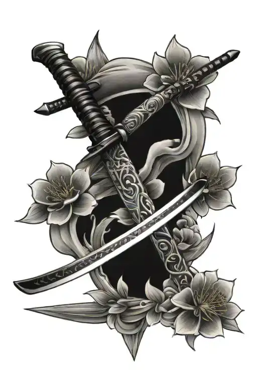 Katana And Sakura Flowers
