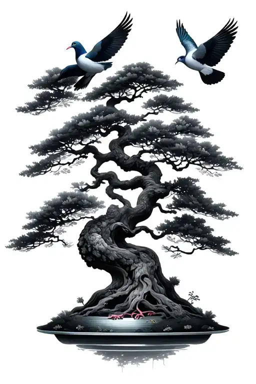 Three Doves Flying Around Bonsai Tree