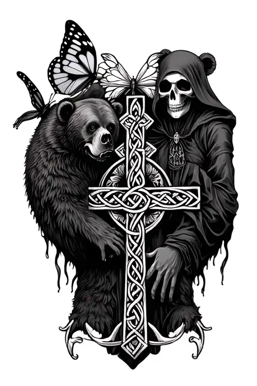 Celtic Cross And Grim Reaper With Bear And Butterfly