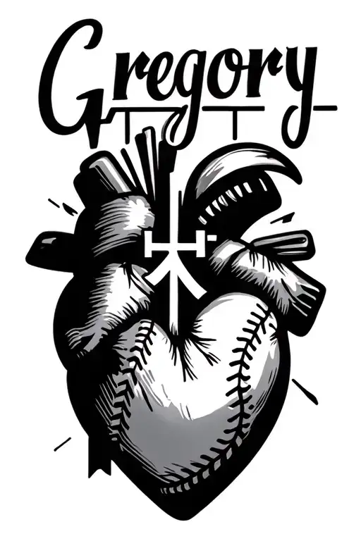 Last Name Gregory With A Cross Heartbeat Line And A Heart With Baseball Stitches