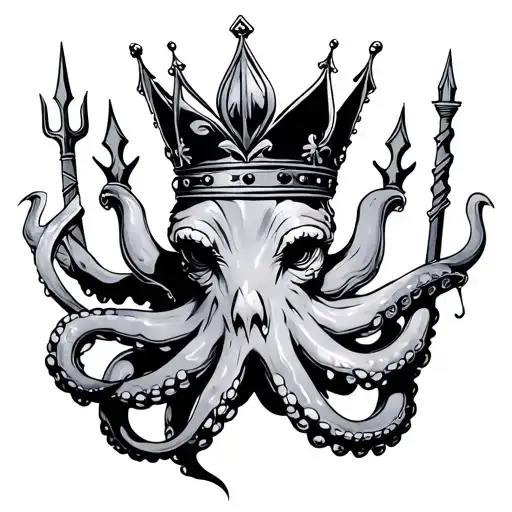 Octopus Wearing Crown Wrapped Around Trident