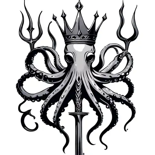 Octopus Wearing Crown Wrapped Around Trident