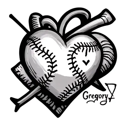 Name Gregory With A Cross Heart Beat Line And A Heart With Baseball Stitches