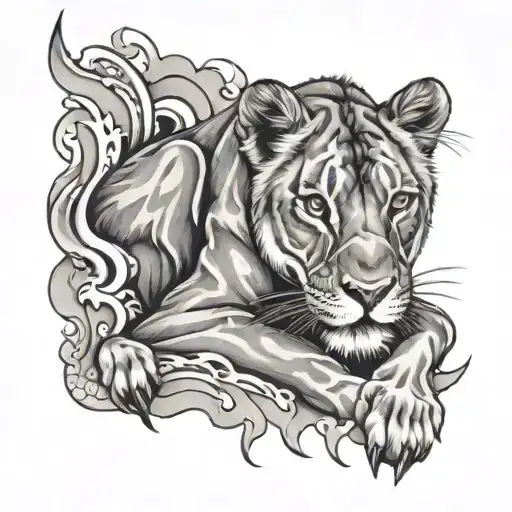 Blanket Of Flames With Contented Looking Lioness Laying On Blanket