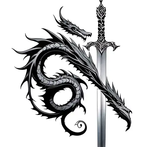 Sword And Dragon With Tribal Design