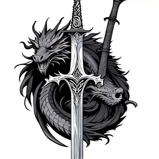 Sword And Dragon With Tribal Design