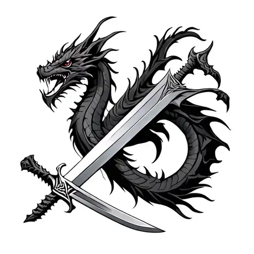 Sword And Dragon With Tribal Design