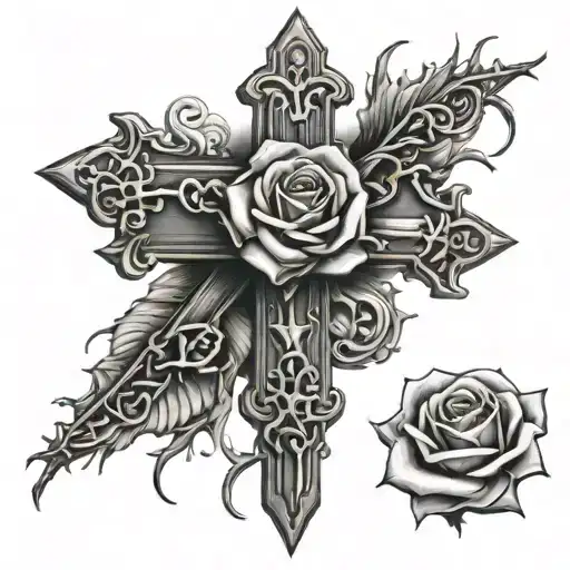 Cross Wraped In Thorns And Rose For A Chest And Rib Chage On The Left Sife
