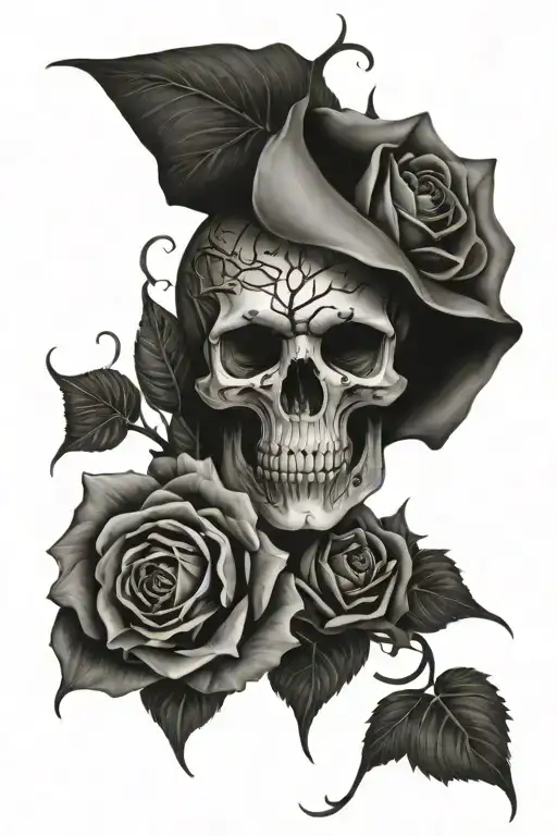 Full Arm Sleeve Of Flowers And Vines With Thorns Frowning Into A Skull