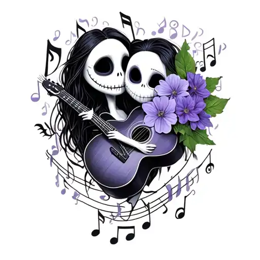 Jack And Sally The Nightmare Bfor For Christmasviolet Flowers And Guitar Music Notes