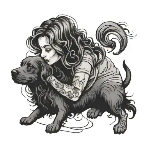 A Girl With Wavy Hair And Hugging A Dog