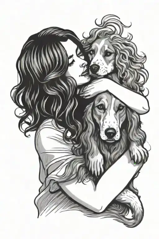 A Simple Tattoo Of A Girl With Wavy Hair And Hugging A Dog