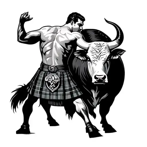 Scottsman With Kilt Wrestling Bull