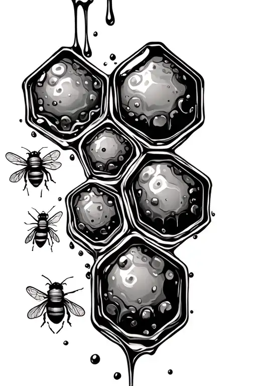 Hexagonal Cells Of Different Sizes With Dripping Honey And 3 Bees