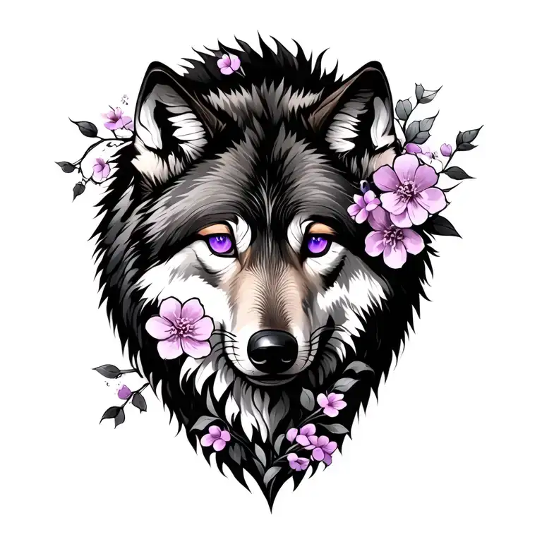 Wolf With Purple Eyes And Sakura Flowers
