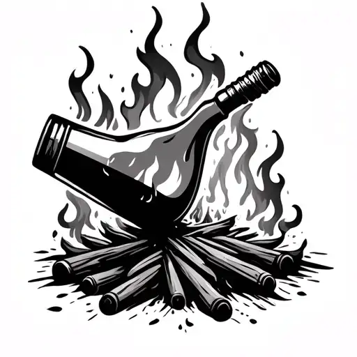 Flames And Bottle Pouring In Bonfire Surrounded
