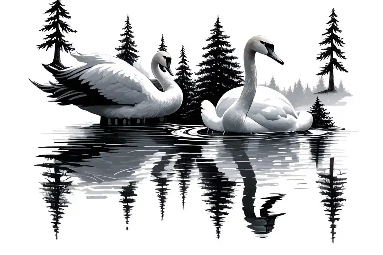 Two Swans And Spruce Trees