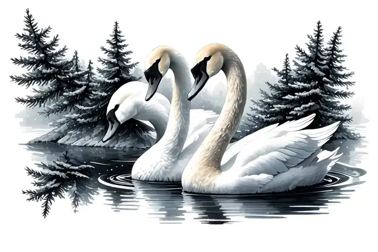 Two Swans And Spruce Trees