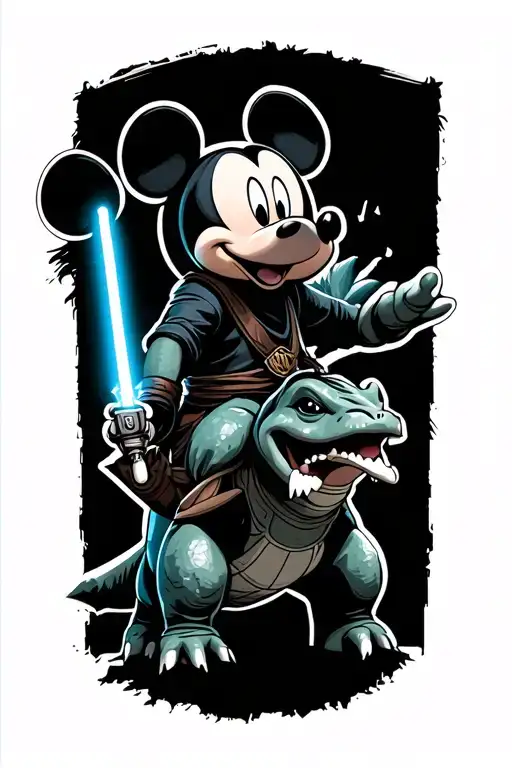 Lightsaber Held By Mickey Mouse Riding Bulbasaur