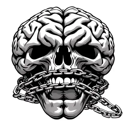 Brain With A Mouth Biting A Chain Wrapped Around The Brain