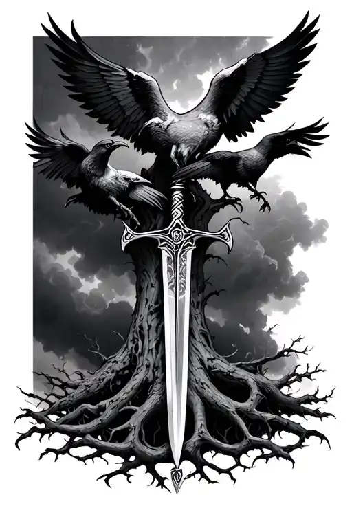 Yggdrasil Tree With Sword And Ravens
