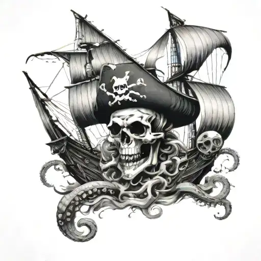 Pirate Ship Facing Forward With A Skull At The Bottom And Octopus Tendencies Coming Out Of The Skull