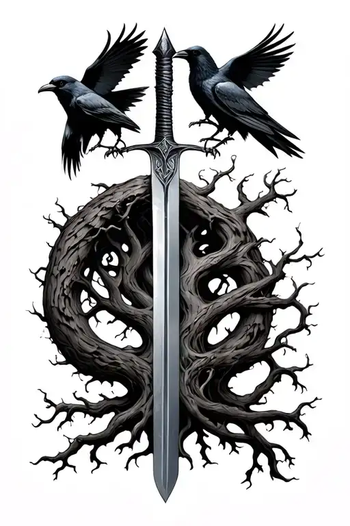 Yggdrasil Tree With Sword And Ravens