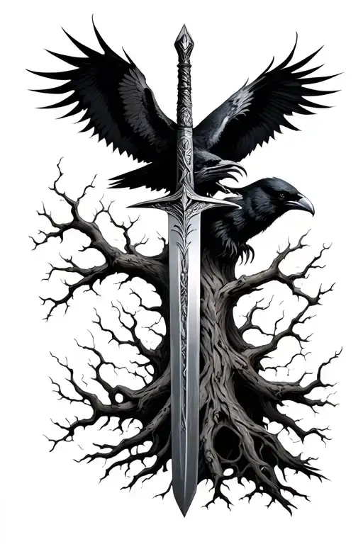Yggdrasil Tree With Sword And Ravens
