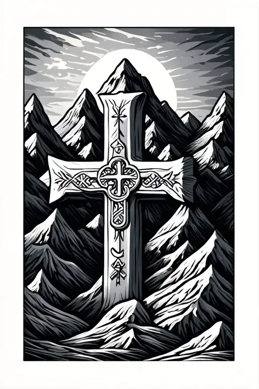 Christian Cross With Symbols For Kids And Subtle Mountains